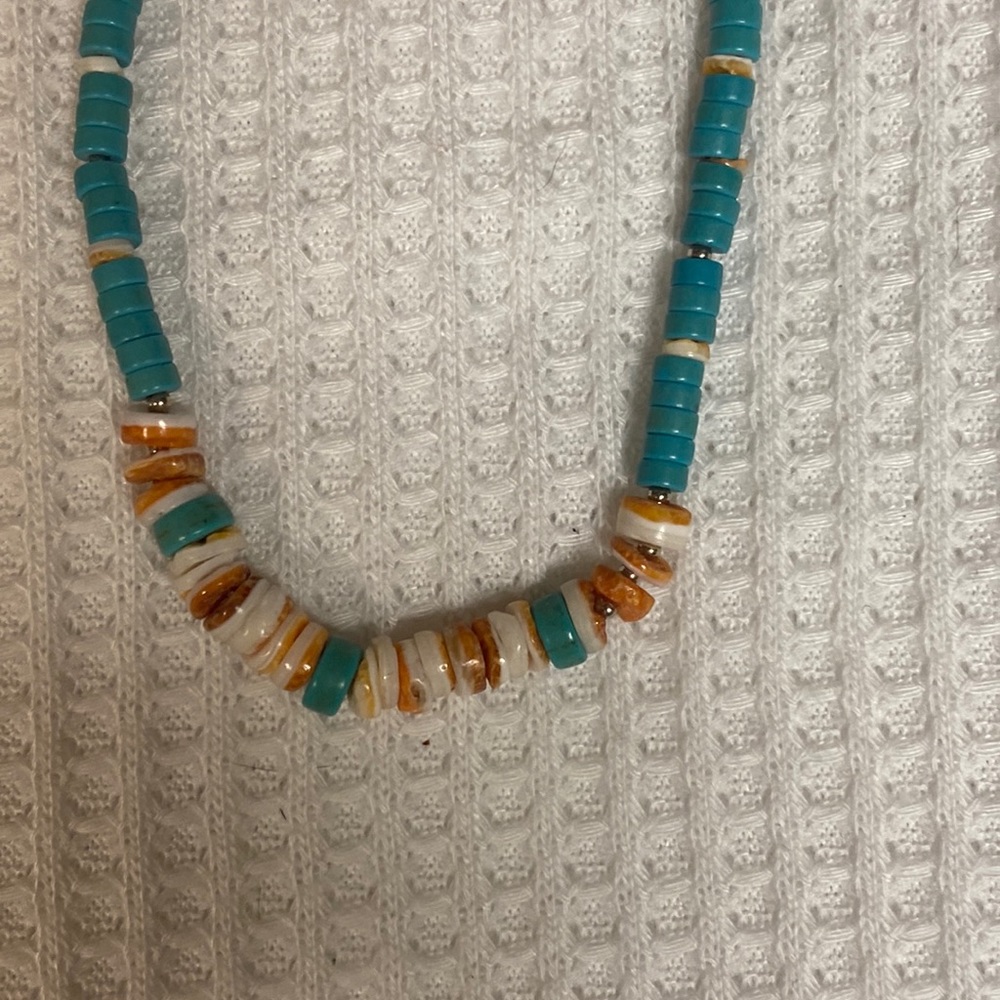 Native American spiny oyster shell and block turquoise heishi necklace